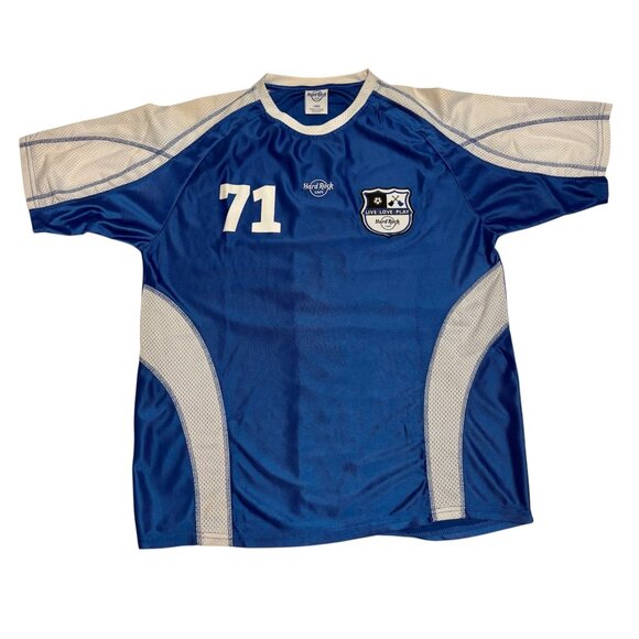 Hard Rock Cafe Blue Soccer Jersey Top Global Flag Design Large Live Love Play - Picture 3 of 10